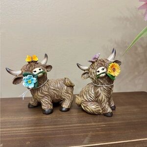 Brown Highland Cow Figurine with Yellow & Blue Flowers - Home Accents